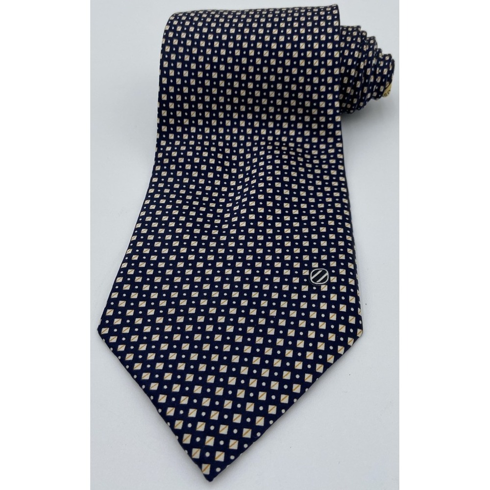 Ermenegildo Zegna 100% Silk Tie Black Gold White Squares Design Made In Italy